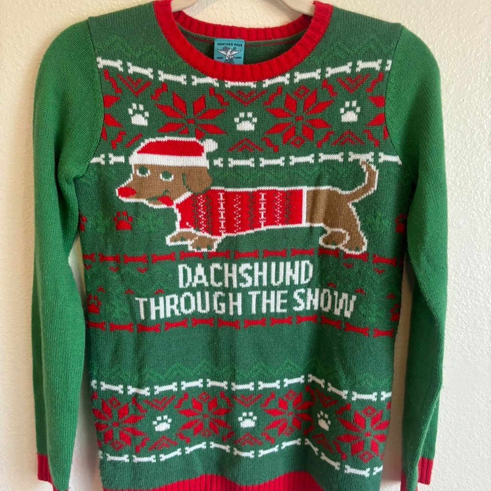 Green Holiday Sweater with Dachshund Design